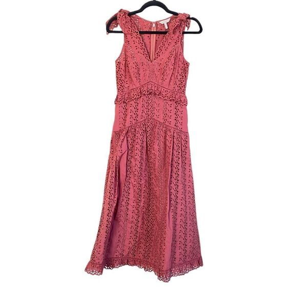 Rebecca Taylor Karina Altered Shoulder Tie Eyelet Lace Midi Dress Sz 0 - Picture 14 of 16